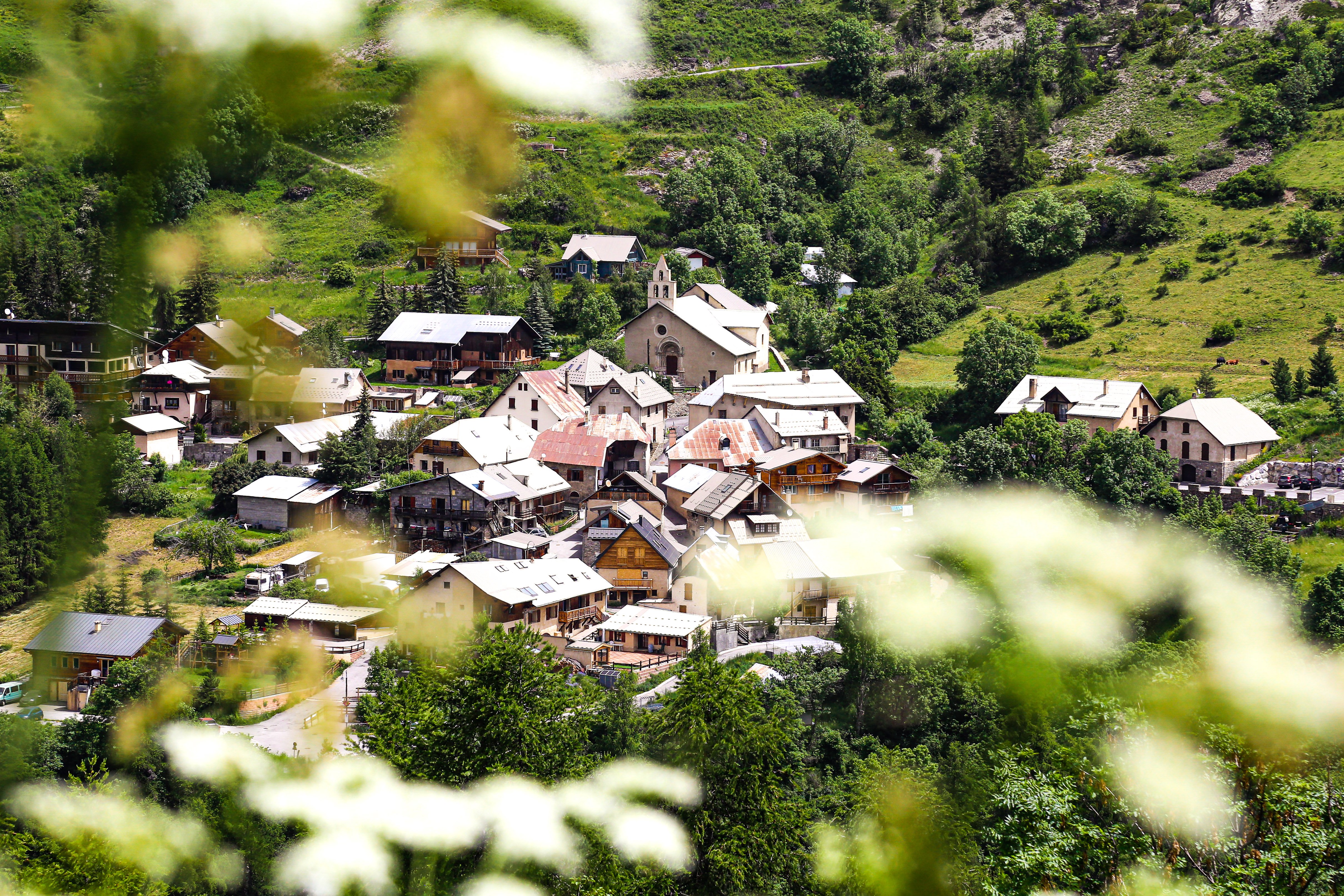 Vu élargie du village de Saint-Marcellin de Vars avec de la végétation au premier plan