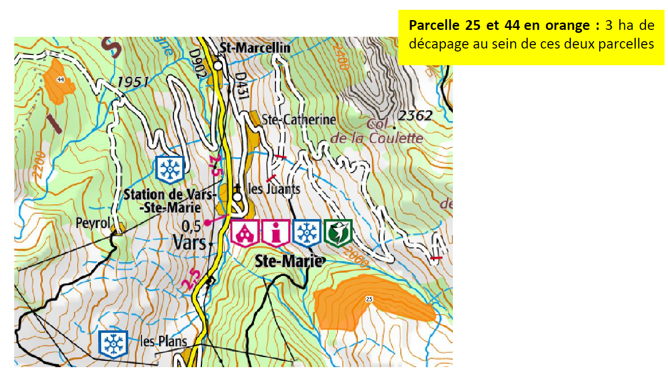 plan de la commune de Vars indiqué les parcelles 25 at 44