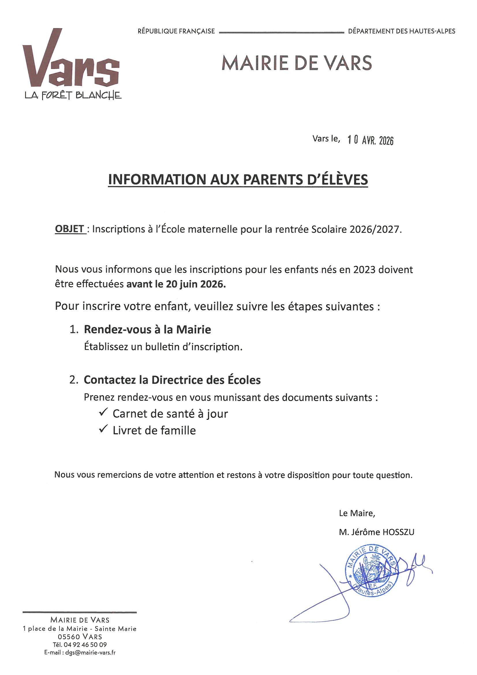 Inscriptions à l'École maternelle pour la rentrée Scolaire 2026/2027