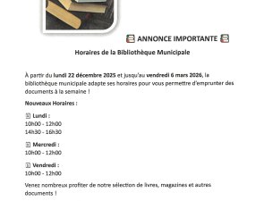Nouveaux Horaires de la Bibliothèque