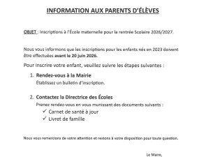 Inscriptions à l'École maternelle pour la rentrée Scolaire 2026/2027