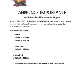 ETE 2026 HORAIRES DE LA BIBLIOTHEQUE MUNICIPALE