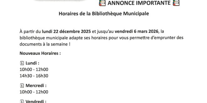 Nouveaux Horaires de la Bibliothèque