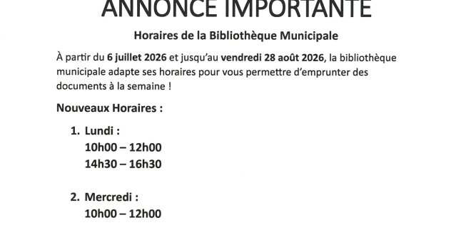 ETE 2026 HORAIRES DE LA BIBLIOTHEQUE MUNICIPALE