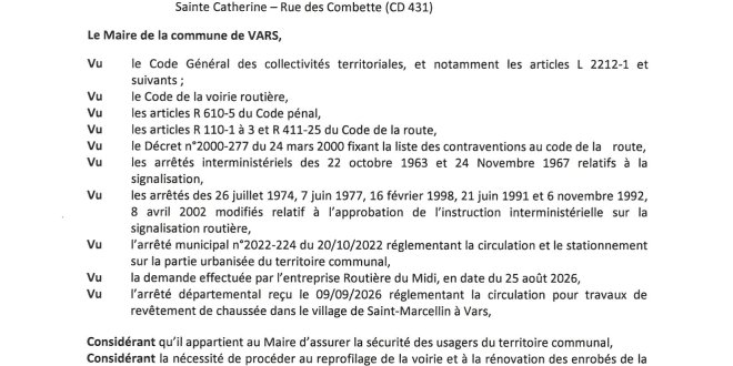 Arrêté de circulation village de St Marcellin de jour comme de nuit.